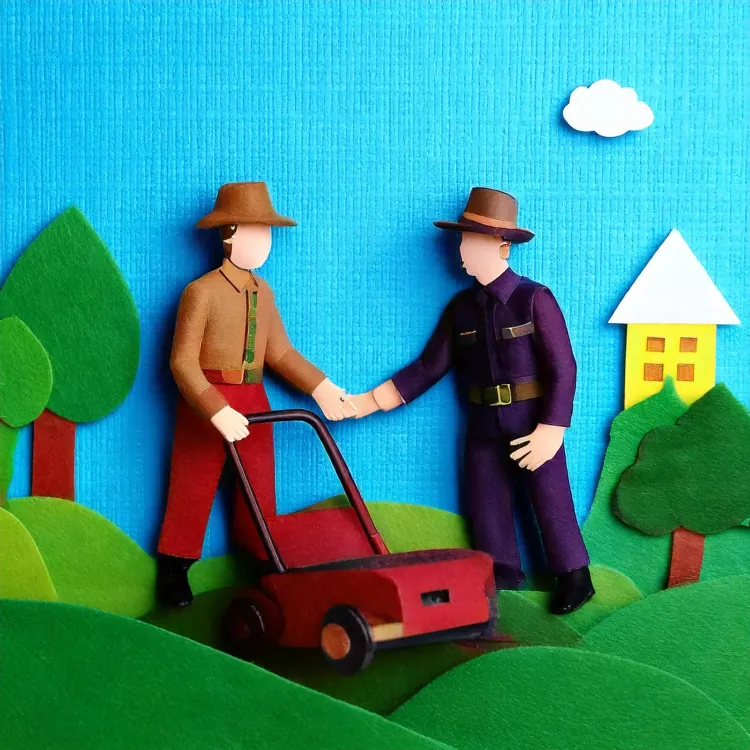 Firefly lokale besturen die een grasmachine delen, achtergrond is een wijk, paper cut out vilt